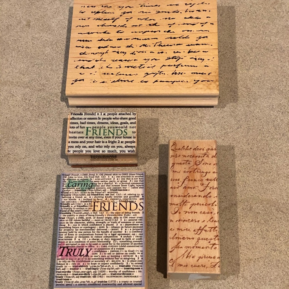 Set of 4 Wood Block Rubber Stamps Cursive Print